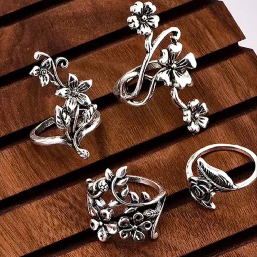New 4Pcs Vintage Carved Rose Flower Leaf Knuckle Ring Set One Size - Picture 4 of 6
